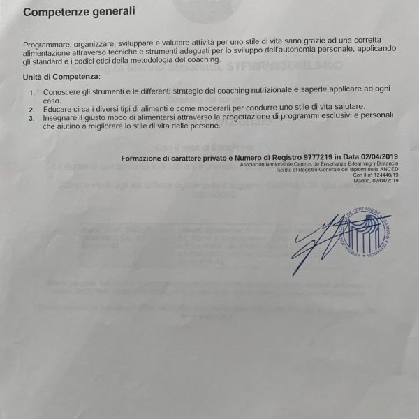 Competenze acquisite come Coach Nutrizionale