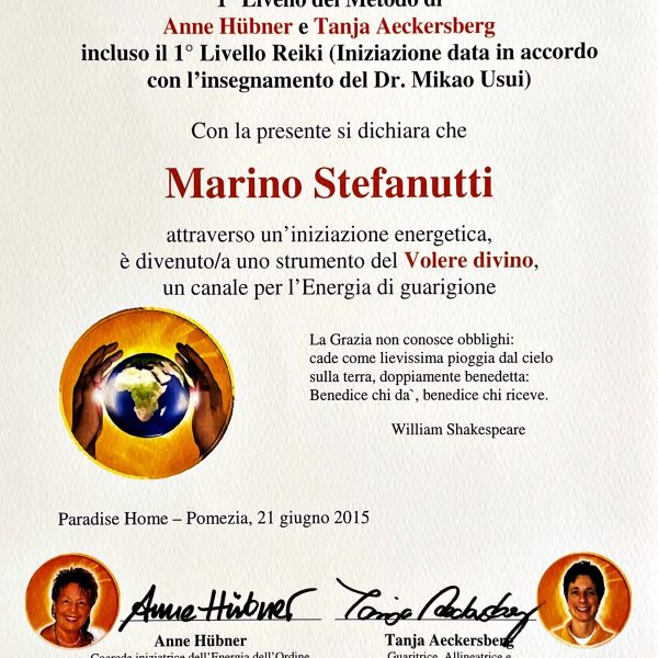 Attestato Formazione di Guaritore Spirituale (1° Livello Reiki)